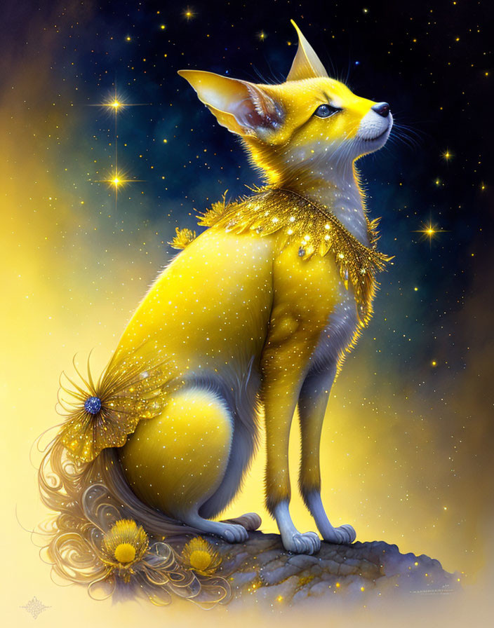 Golden fox with celestial motifs and flowers in starry night scene