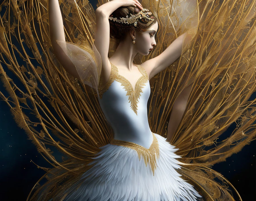 Elegant woman in white and gold ballet costume with feathered tutu poses gracefully