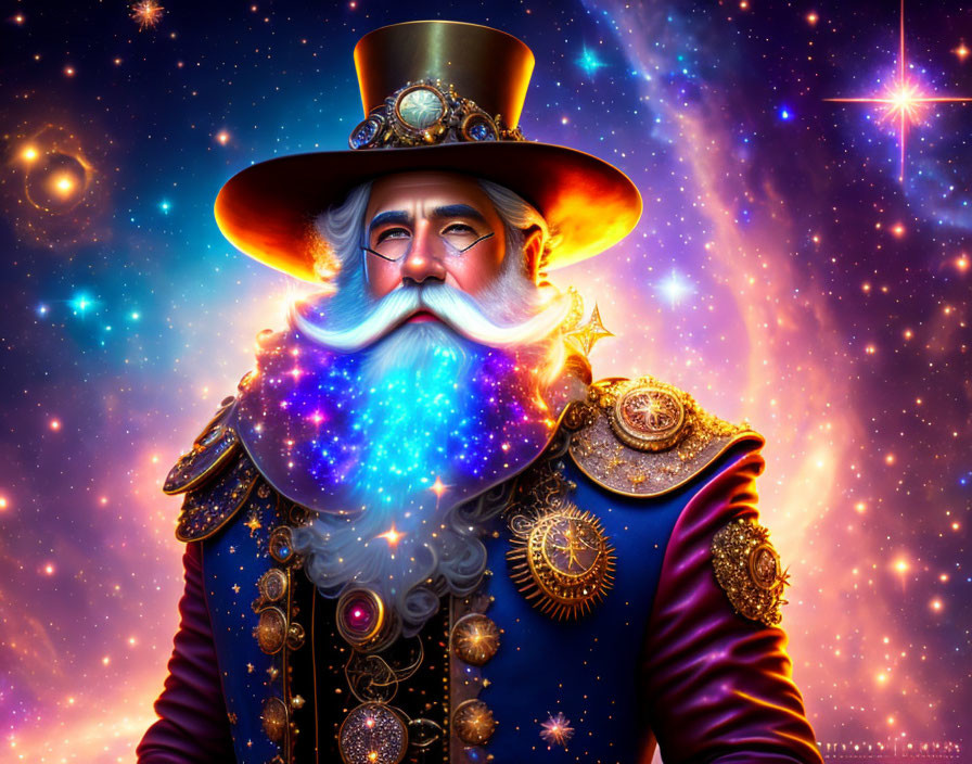 Celestial-themed man illustration with white beard and cosmic attire