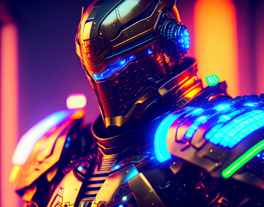 Futuristic robot with glowing visor and neon-lit armor