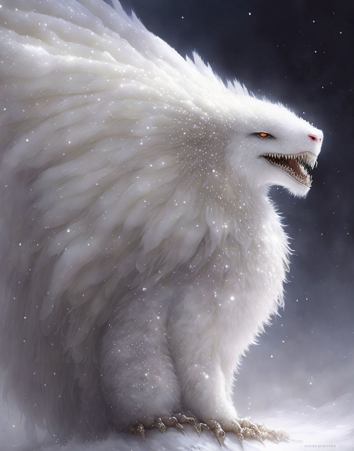 Majestic white furry creature with sharp fangs in snowy setting