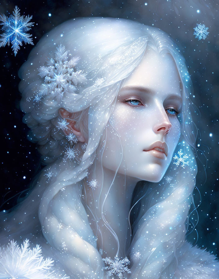 Pale-skinned woman with white hair and snowflakes in wintry night scene.