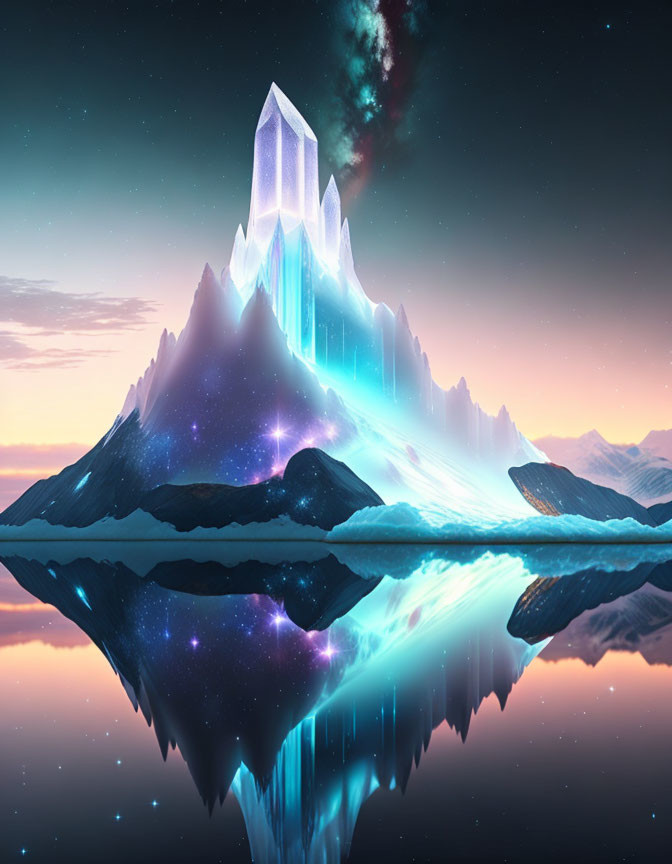 Glowing crystal-like mountain under starry sky reflected in tranquil water