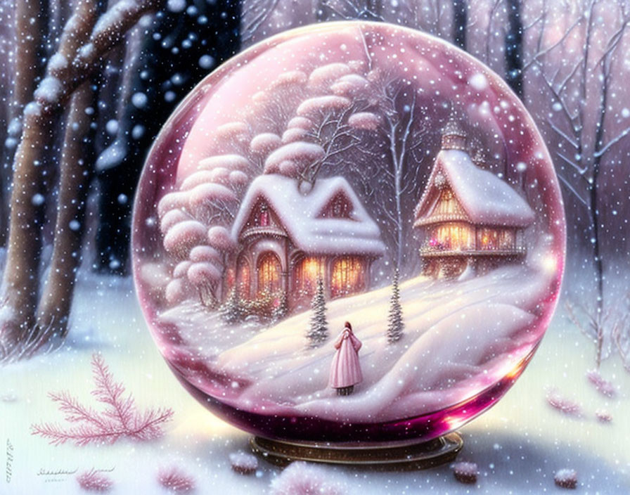 Snow globe winter scene with cozy houses and solitary figure