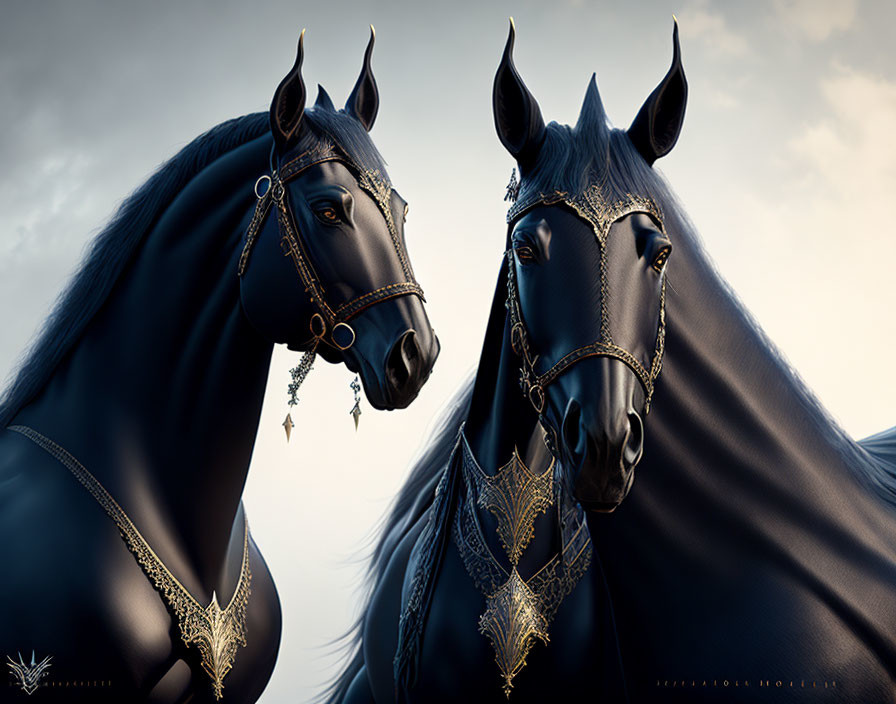 Majestic black horses with ornate bridle designs on grey sky.