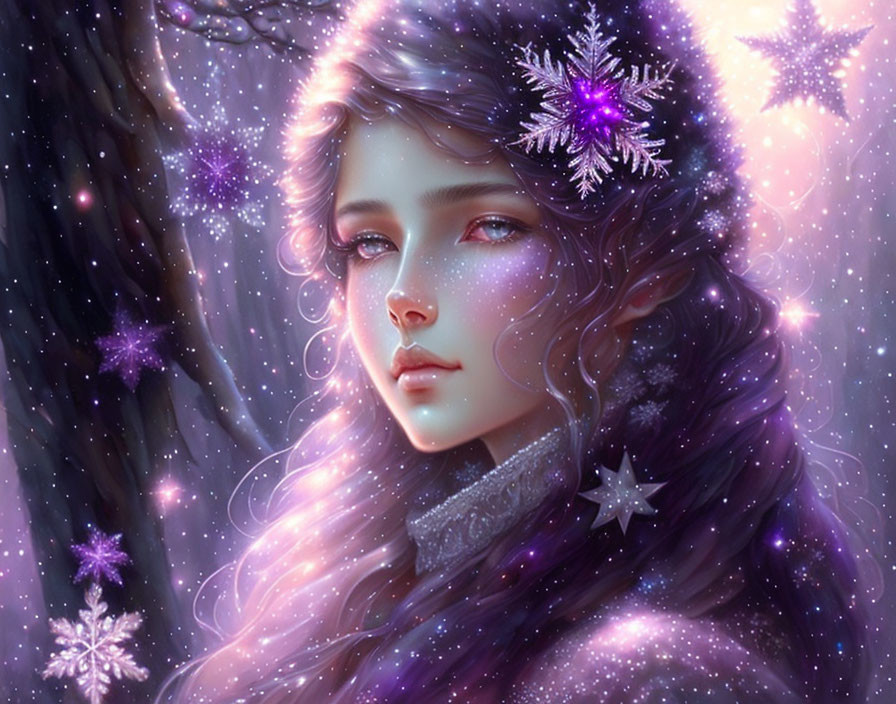 Fantasy portrait of woman with long hair and snowflakes in enchanted winter forest