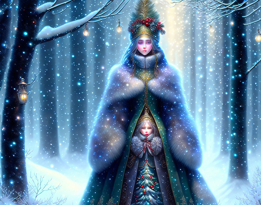 Ethereal winter figures in elaborate attire amidst mystical snowy forest.