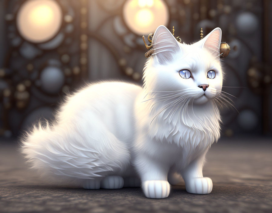 White Fluffy Cat 3D Illustration with Blue Eyes and Golden Steampunk Gears