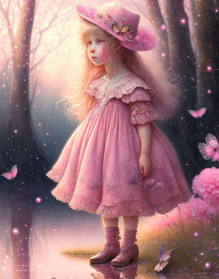 Young girl in pink dress and hat in magical forest with butterflies