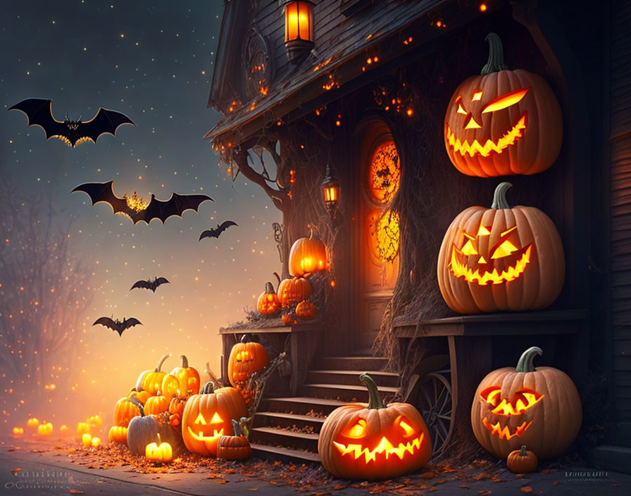 Eerie Halloween scene: carved pumpkins, haunted house, bats, twilight sky