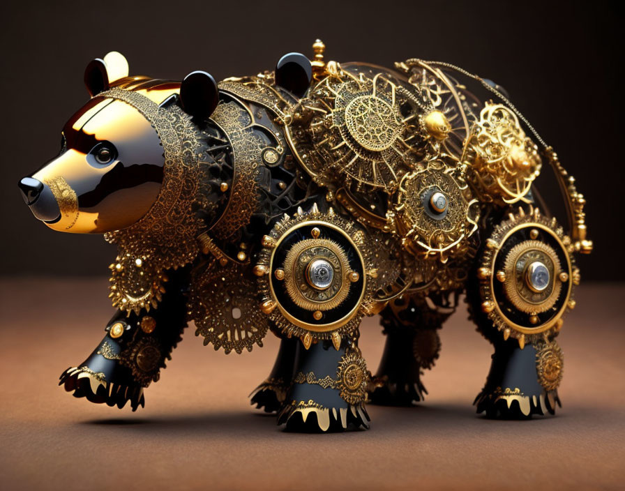 Steampunk-style mechanical bear with gold and bronze ornaments on dark background