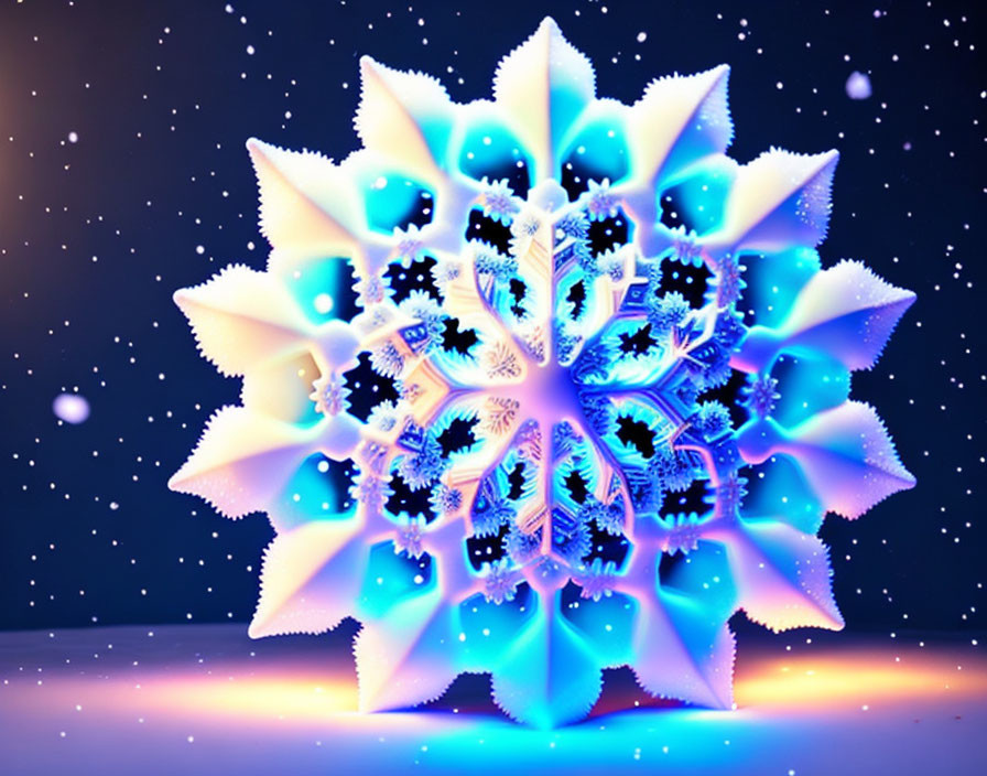 Vibrant digital art: intricate blue and white snowflake on starry night sky