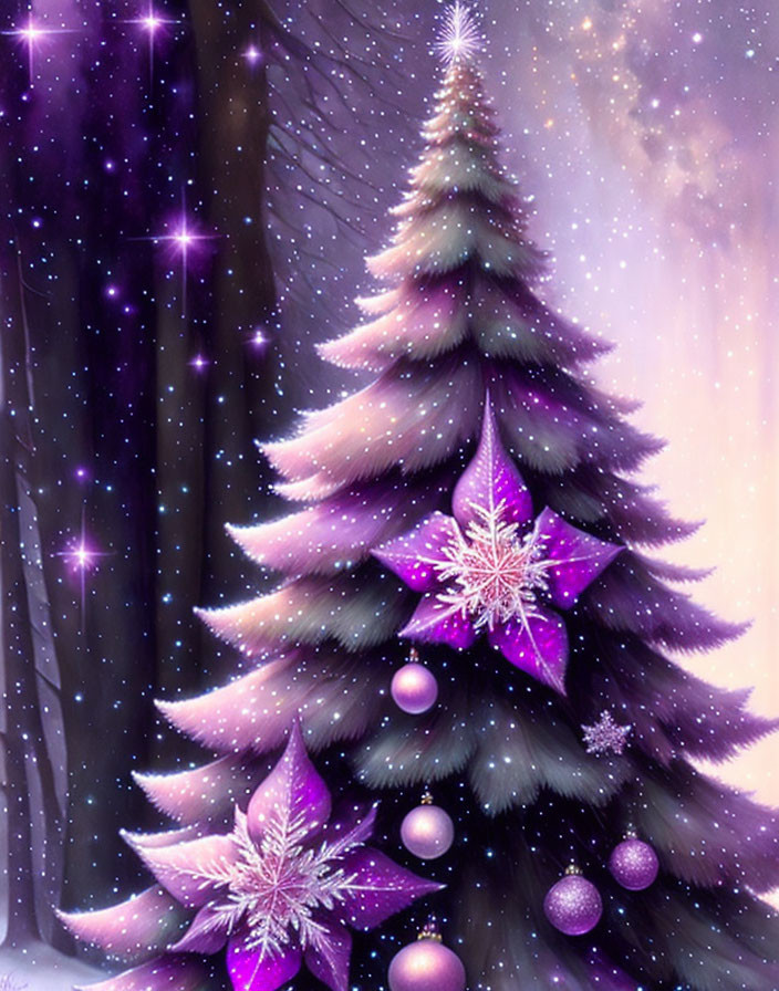 Purple Ornamented Christmas Tree in Starry Night Snowfall