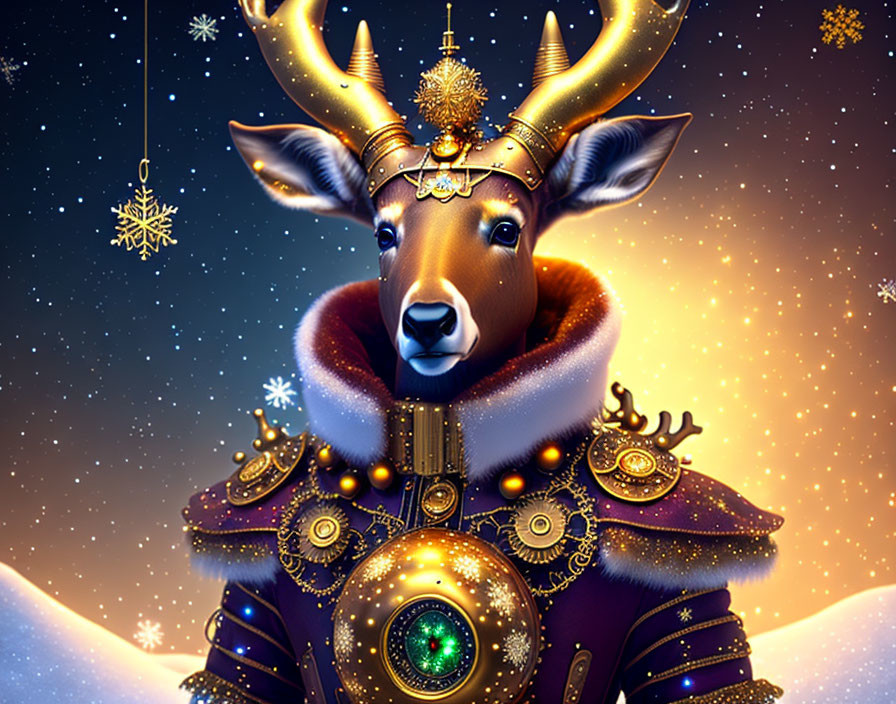 Fantasy stag with golden crown and armor under starry night sky