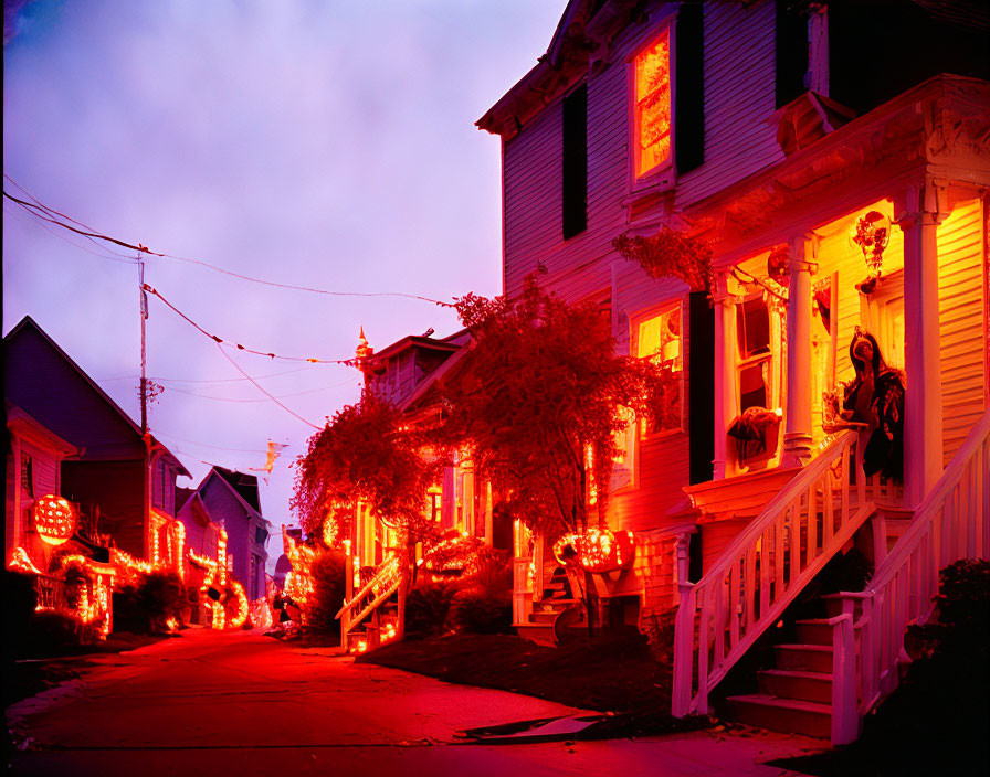 Residential Street Halloween Decorations at Dusk