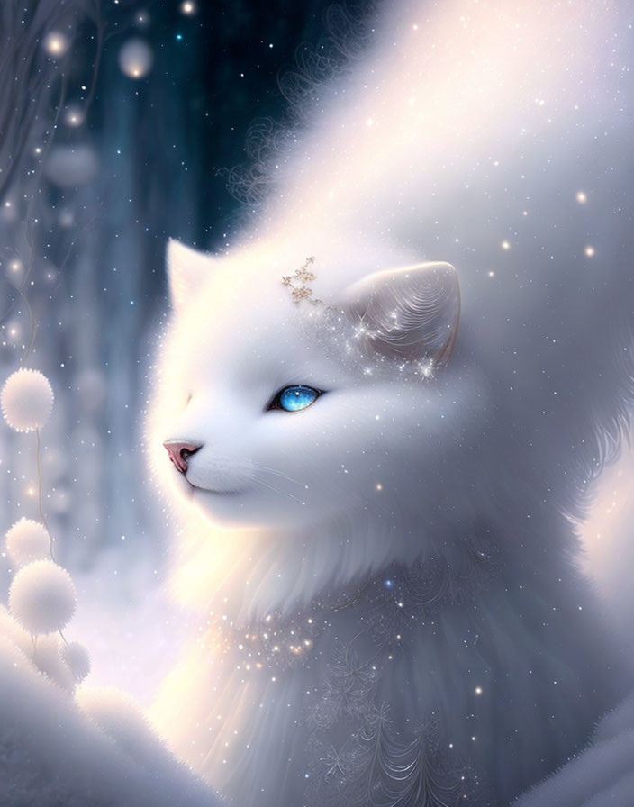 White Cat with Blue Eyes and Snowflakes in Snowy Scene