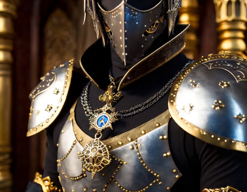 Medieval knight armor with gold detailing and emblem