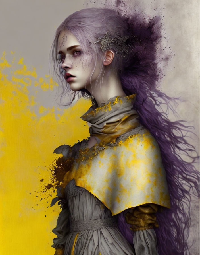 Digital artwork: Pale-skinned woman with purple hair and golden headpiece in painterly background