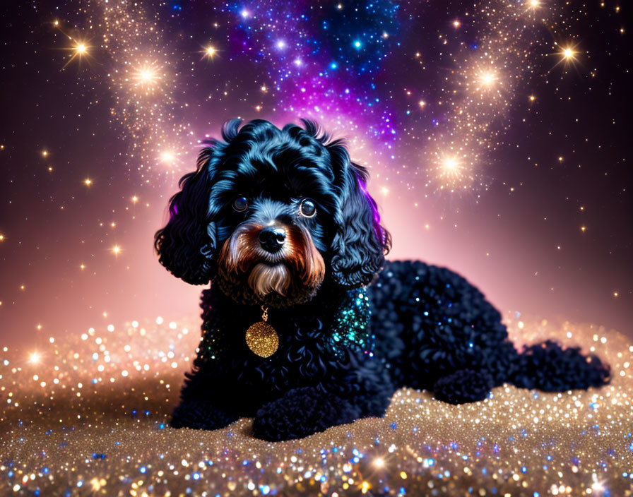 Fluffy black dog in cosmic starry scene