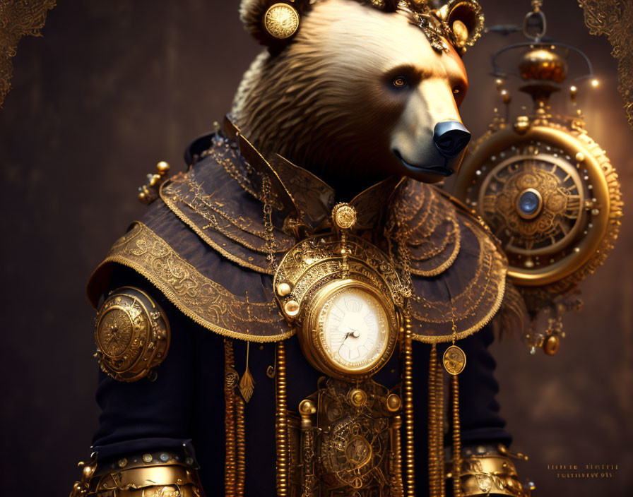 Steampunk-style anthropomorphic bear with clocks and gears in ornate attire