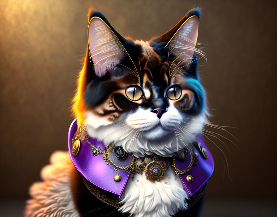 Stylized cat digital art with large glasses and ornate purple collar