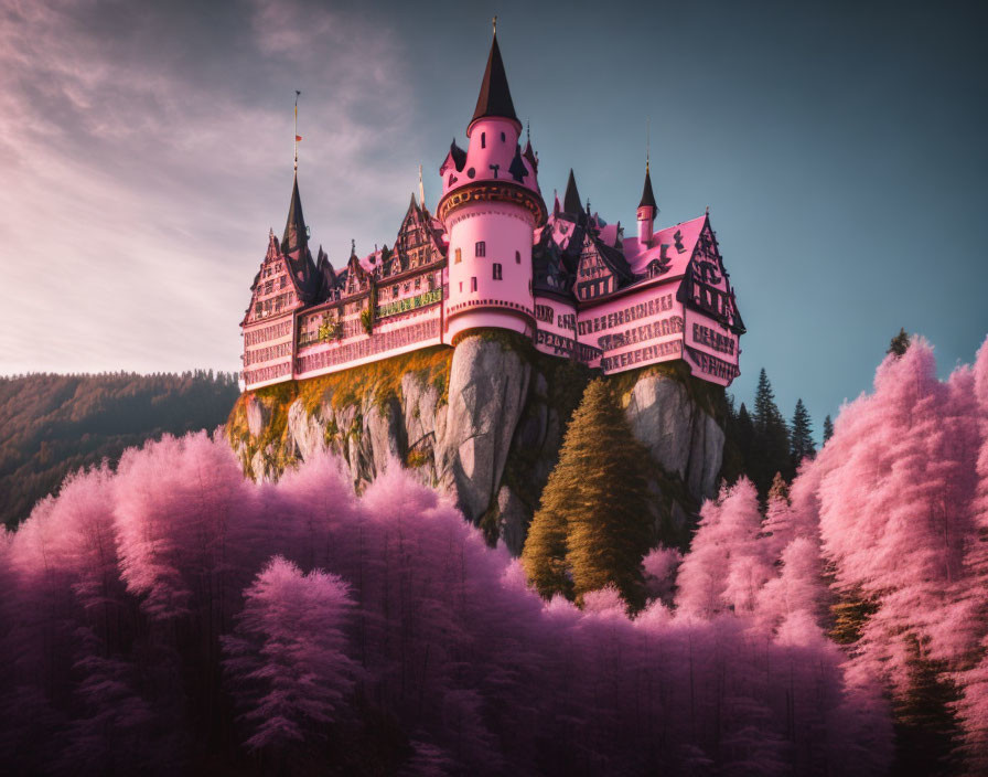 Pink turreted fairytale castle on craggy hill surrounded by pink forest under warm sky