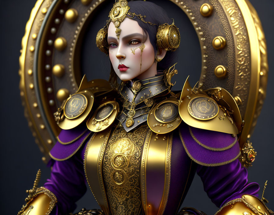 Regal woman in golden armor on dark background