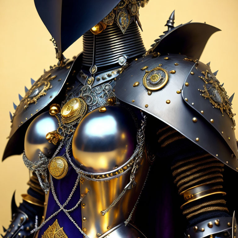 Detailed Black and Gold Medieval Armor Close-Up on Golden Background