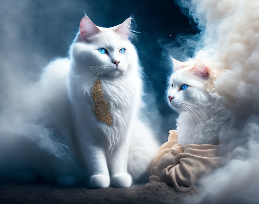 Majestic white cats with blue eyes in misty setting