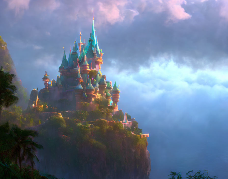 Fantastical castle with towering spires on cliff at serene dawn or dusk