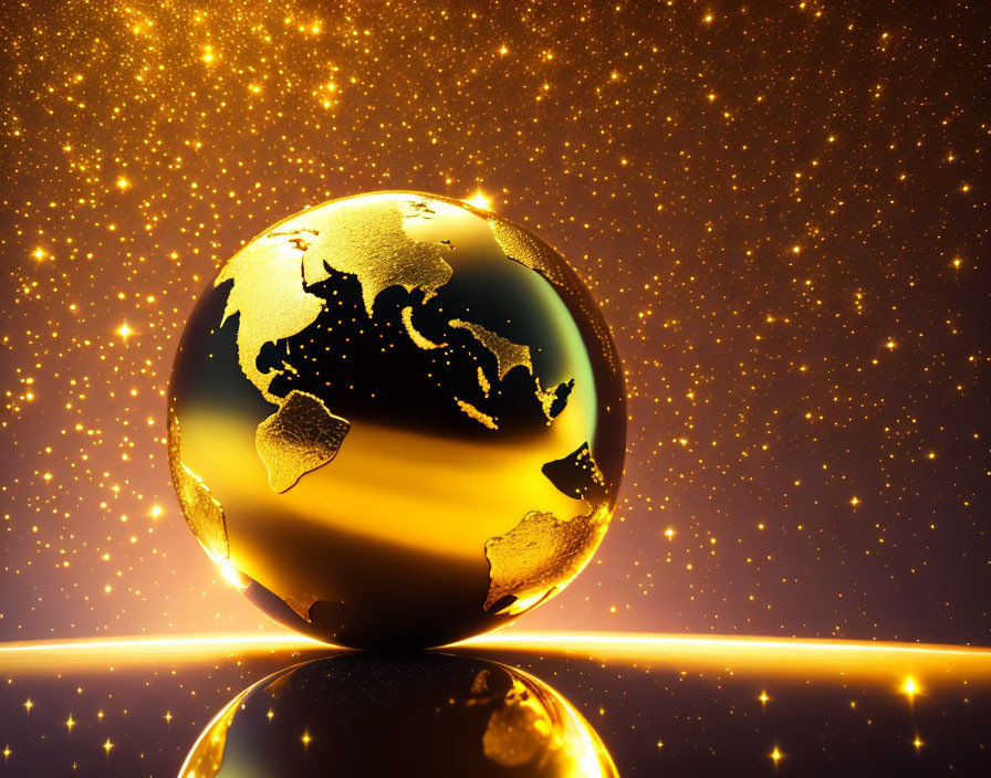 Black and Gold Globe on Golden Sparkling Background