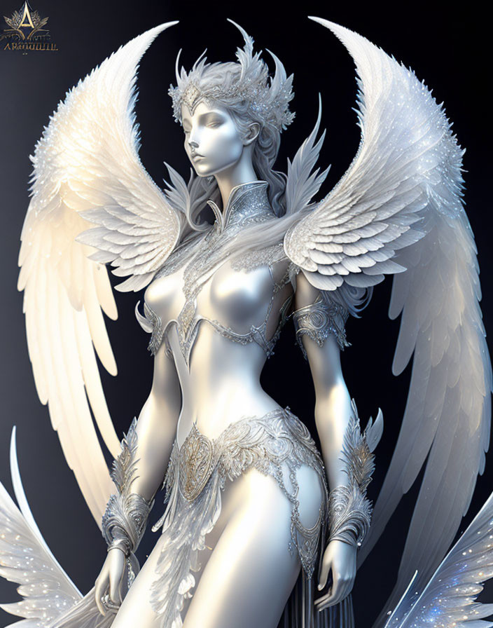 Detailed Digital Artwork of Angelic Figure with White Wings and Silver Armor