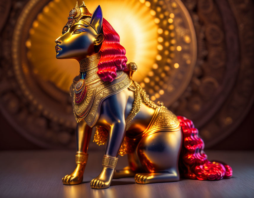 Golden Egyptian Cat Statue with Red Accents on Circular Patterned Backdrop