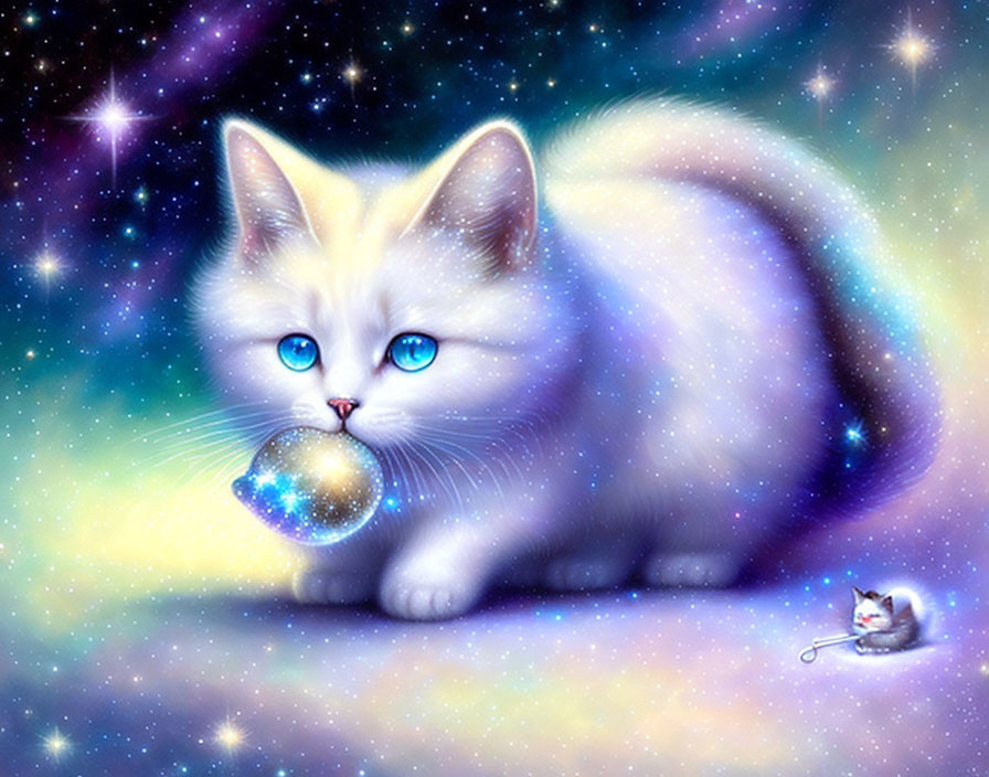 Fluffy white kitten with blue eyes and glowing orb in cosmic setting