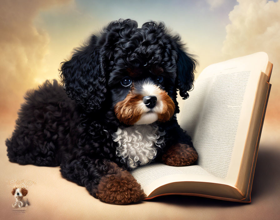 Fluffy Black Puppy with Book on Cloud Background