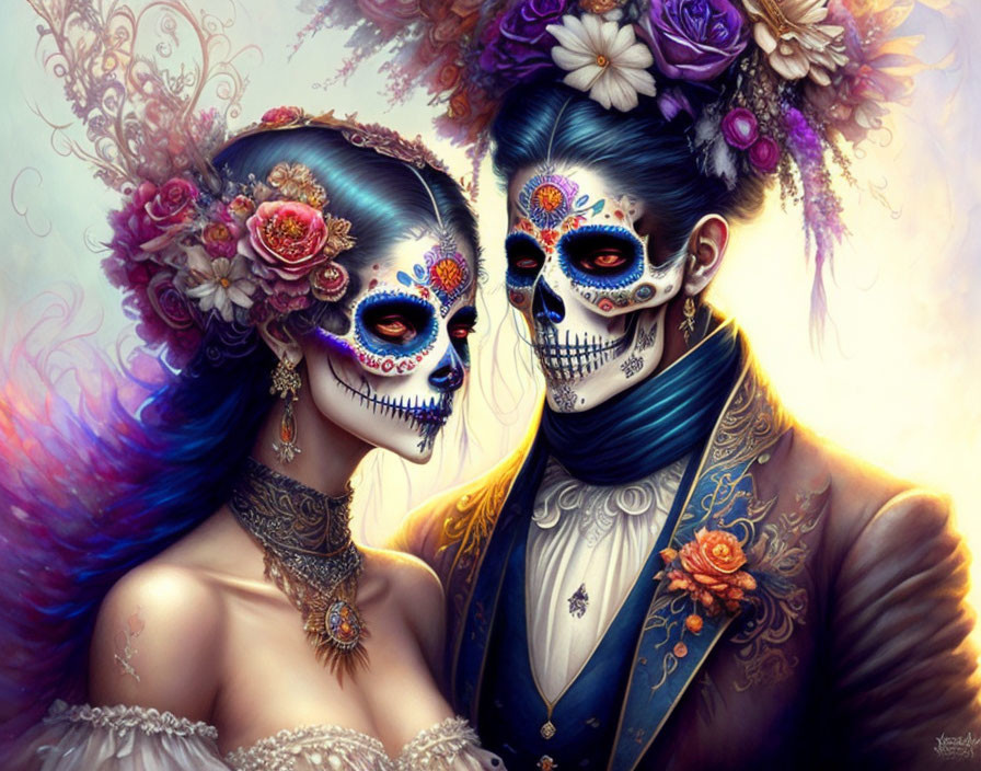 Skull Makeup Figures in Elegant Attire with Flowers for Mexican Day of the Dead