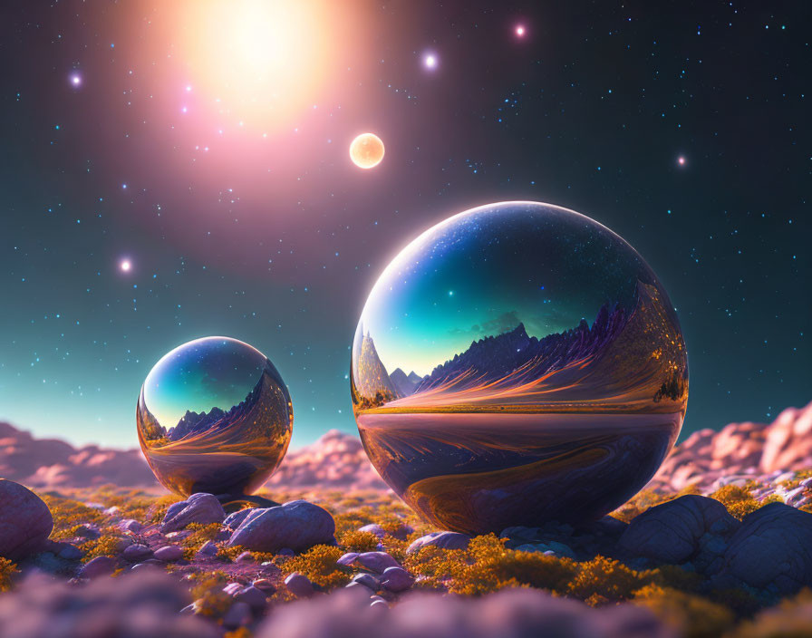 Glossy spheres reflecting mountain landscape under starry sky