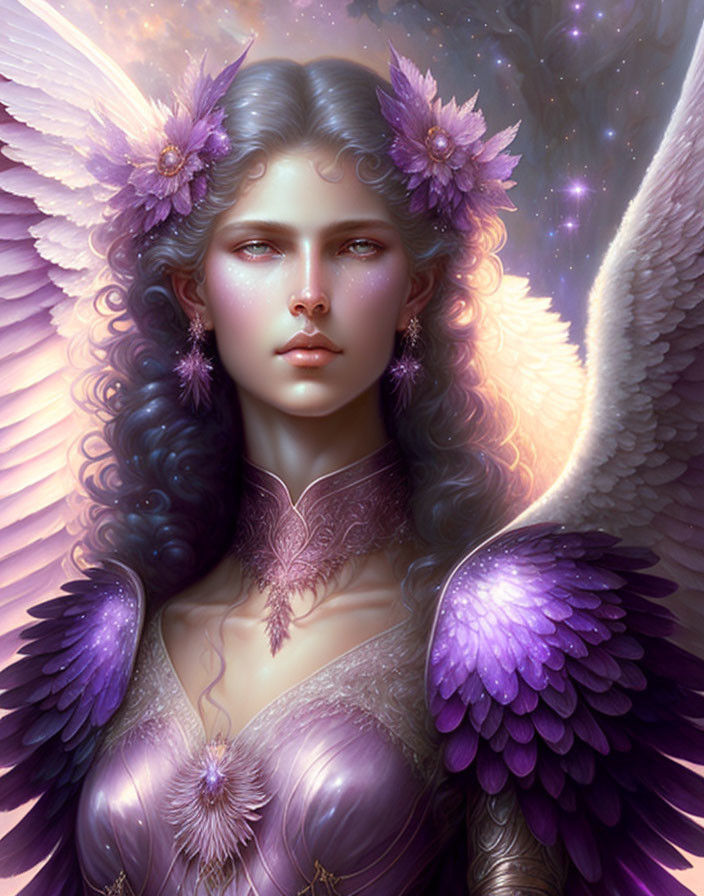 Fantastical angelic figure with purple flowers, white wings, and starry background