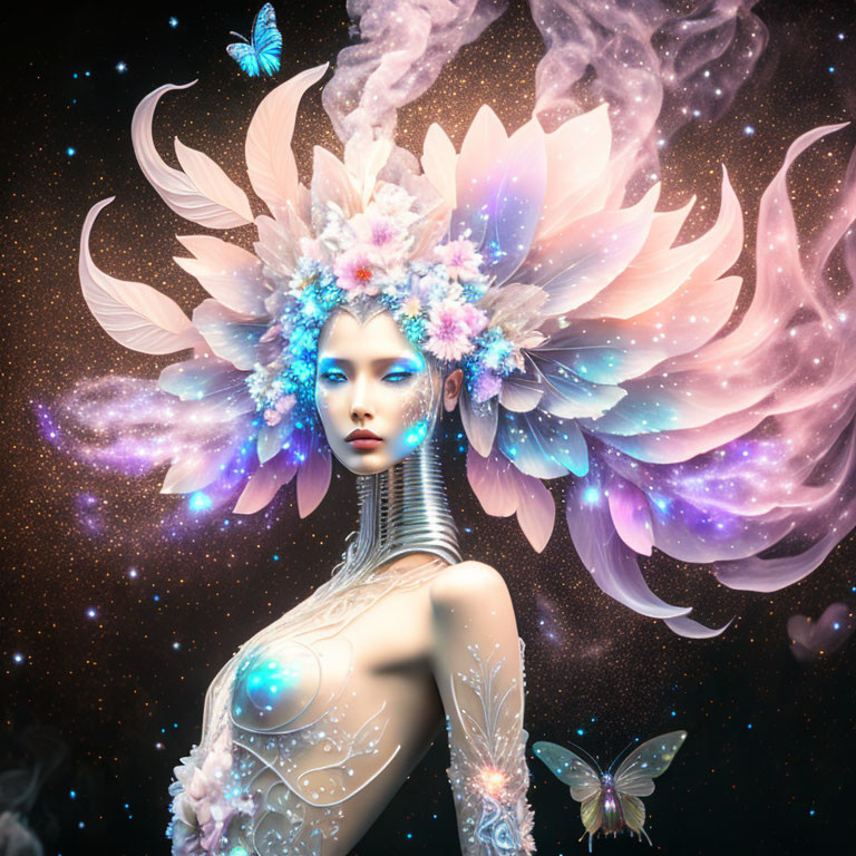 Elaborate floral headpiece on mystical female figure in cosmic setting