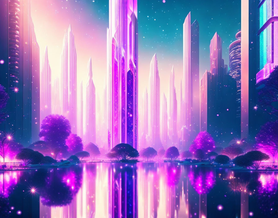 Vivid Purple and Pink Futuristic Cityscape with Reflective Skyscrapers