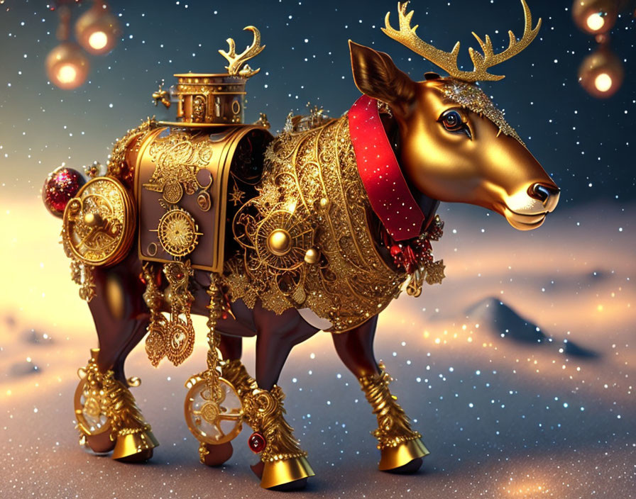 Golden Mechanical Reindeer on Starry Night Background