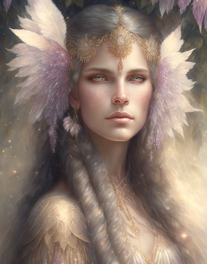 Fantasy portrait of woman with pink-white feathered wings and golden jewelry