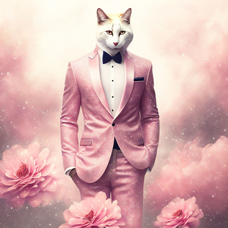 Cat in pink suit with human body against floral backdrop