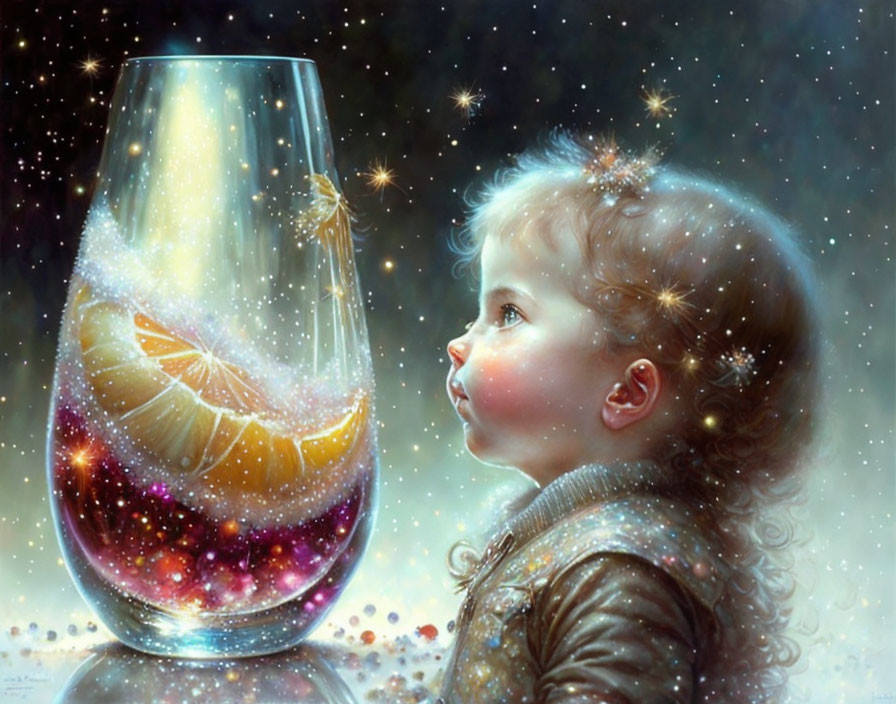 Child gazes at cosmic scene in large glass jar