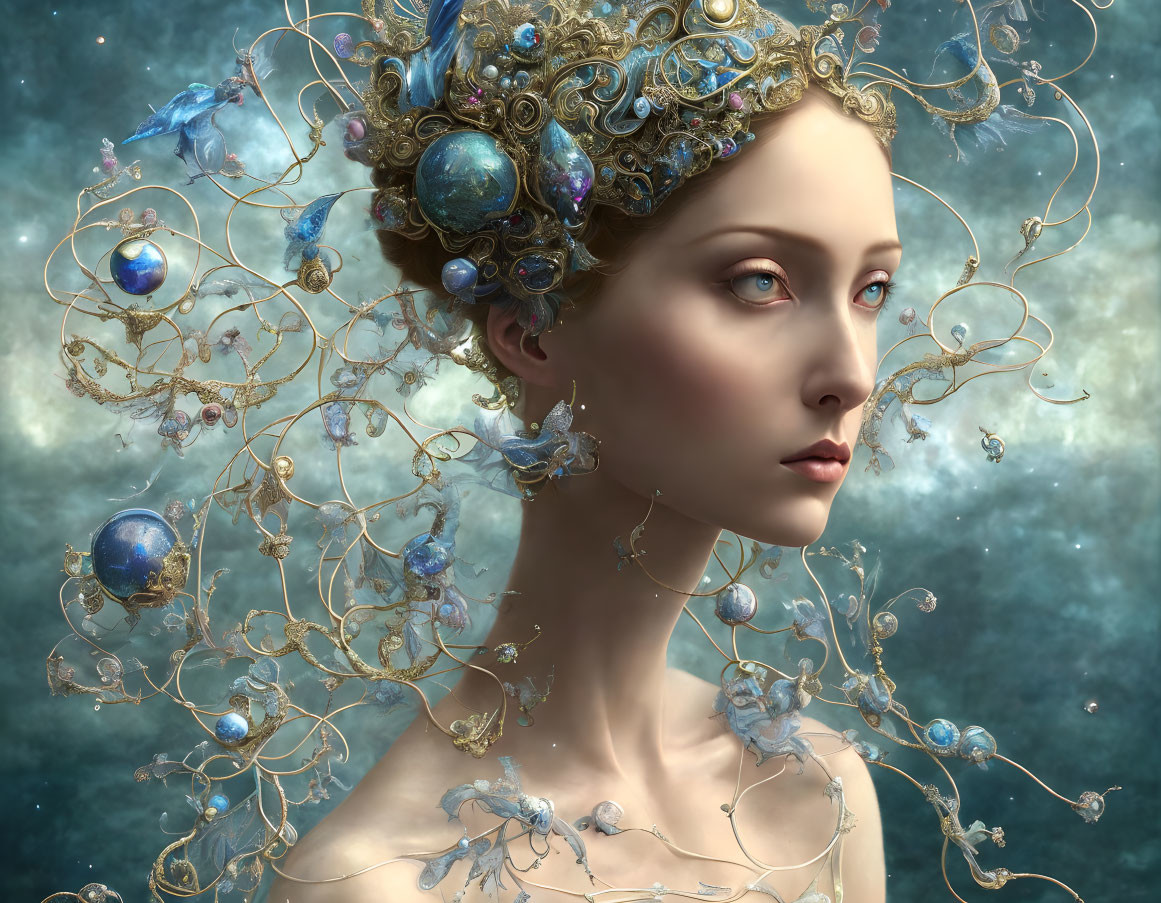 Ethereal woman with golden headdress in celestial setting