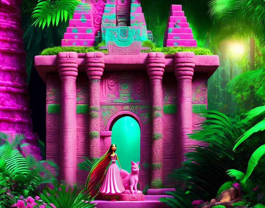 Illustration of woman in traditional attire by pink Maya temple with mystical creature