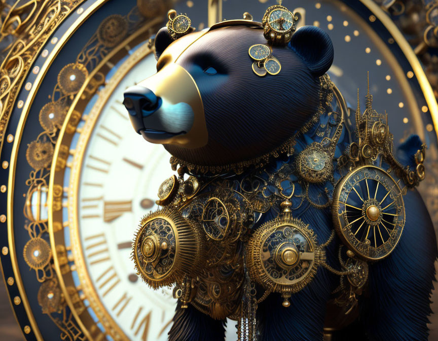 Steampunk-themed clockwork bear amidst gears and clocks