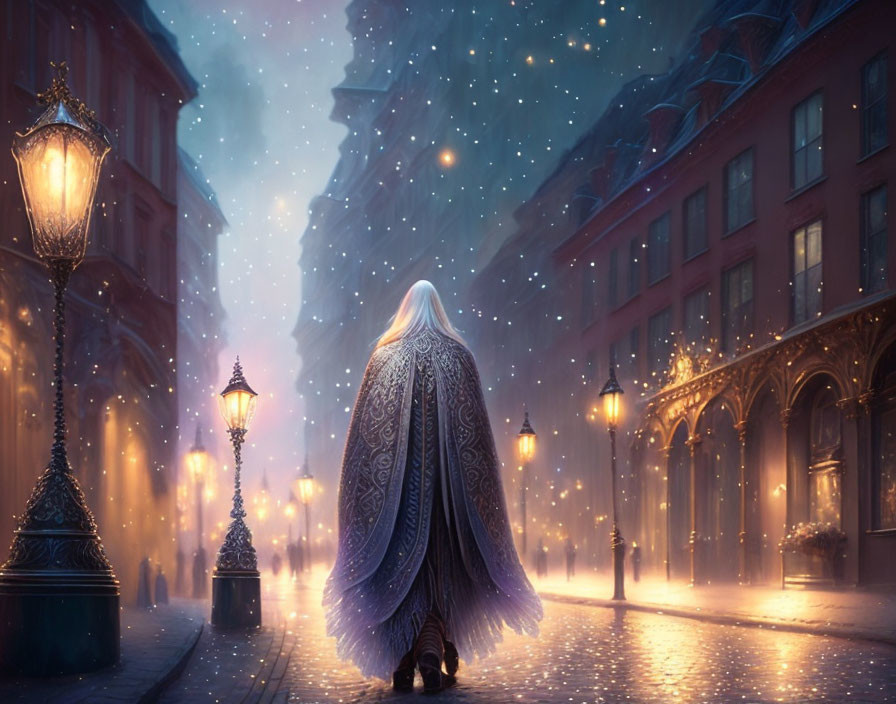 White-haired figure walking in snow-covered city at dusk