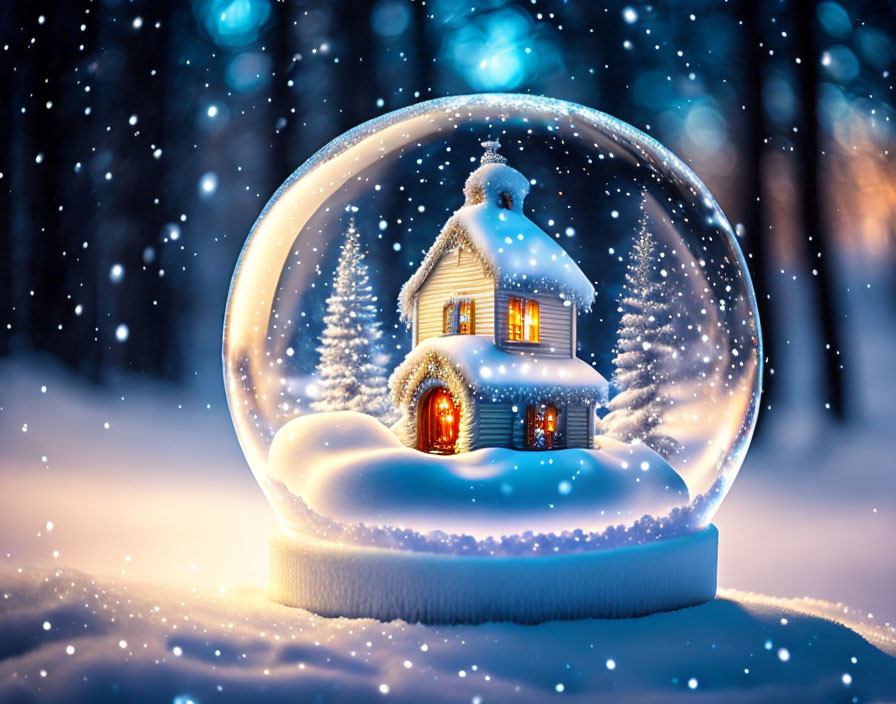 Miniature House Snow Globe with Snowy Forest Backdrop