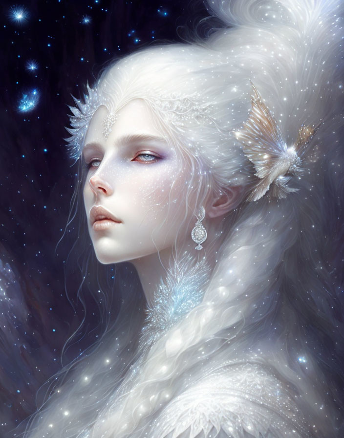 Pale-skinned ethereal being with white hair and jewels on starry night background.